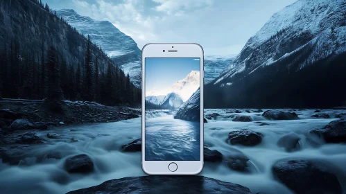 Smartphone in Serene Mountain River View