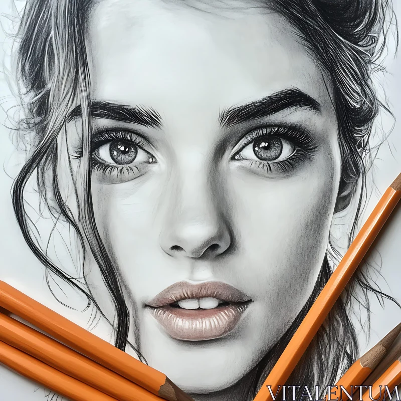 Intricate Pencil Drawing of a Woman's Face in Black and White AI Image