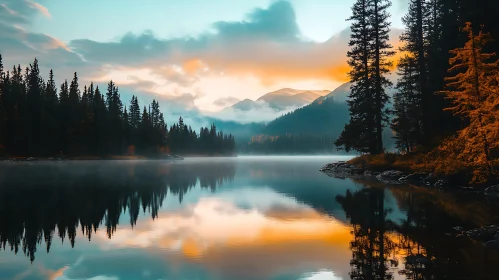 Morning Mist Over a Reflective Alpine Lake