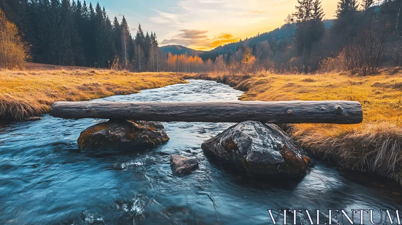 AI ART Tranquil River Scene with Natural Wooden Bridge