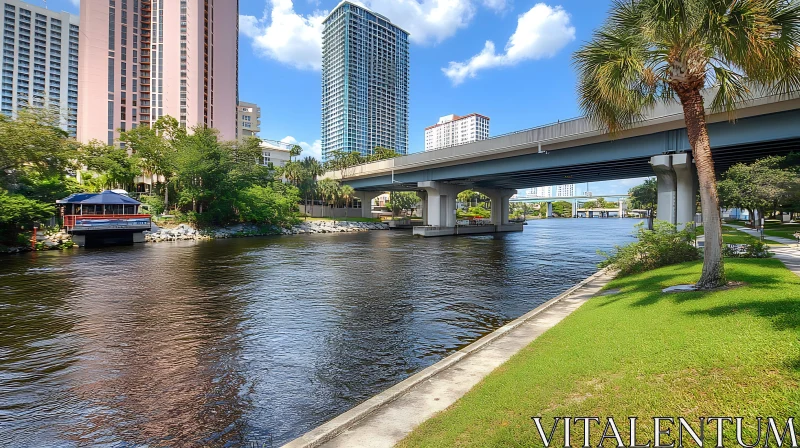 Cityscape Featuring River, Bridge, and High-Rises AI Image