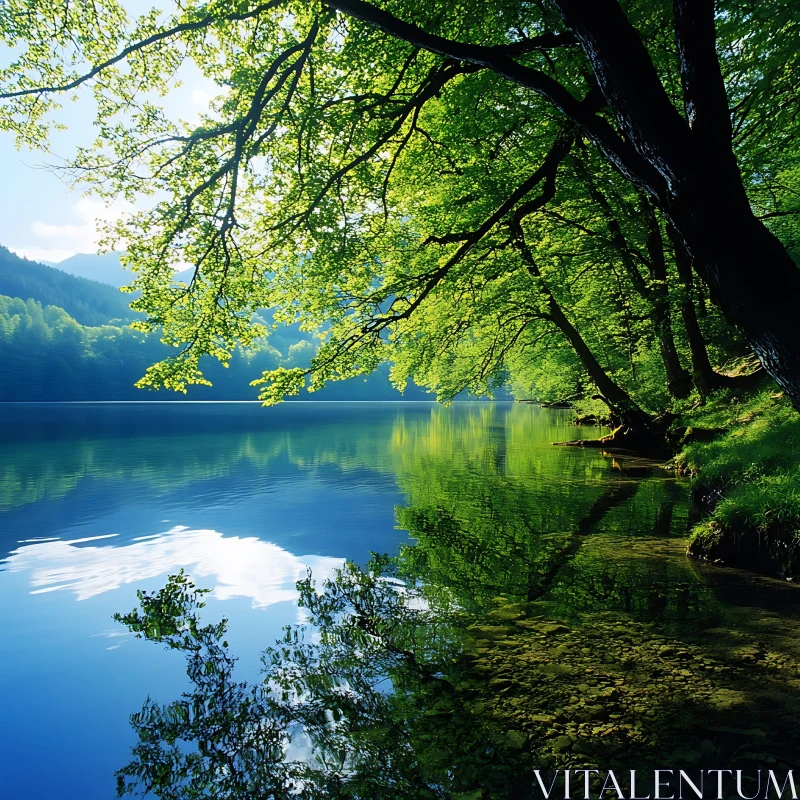 Tranquil Lake With Green Reflection AI Image