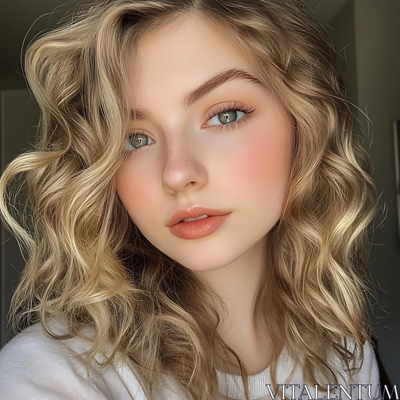 Close-Up of a Freckle-Faced Woman with Curly Blonde Hair AI Image