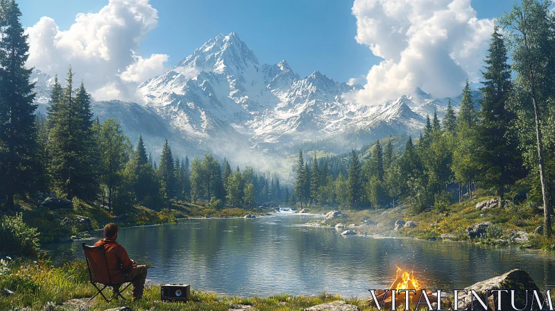 Serene Lakefront Campfire in the Mountains AI Image