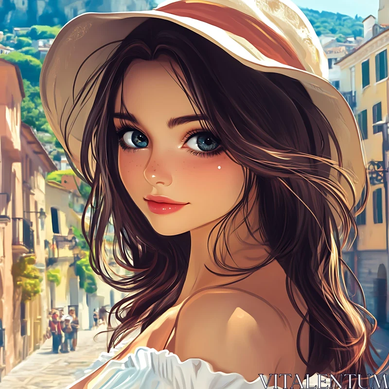 Charming Anime Girl in Sun Hat on a Picturesque Street AI Image