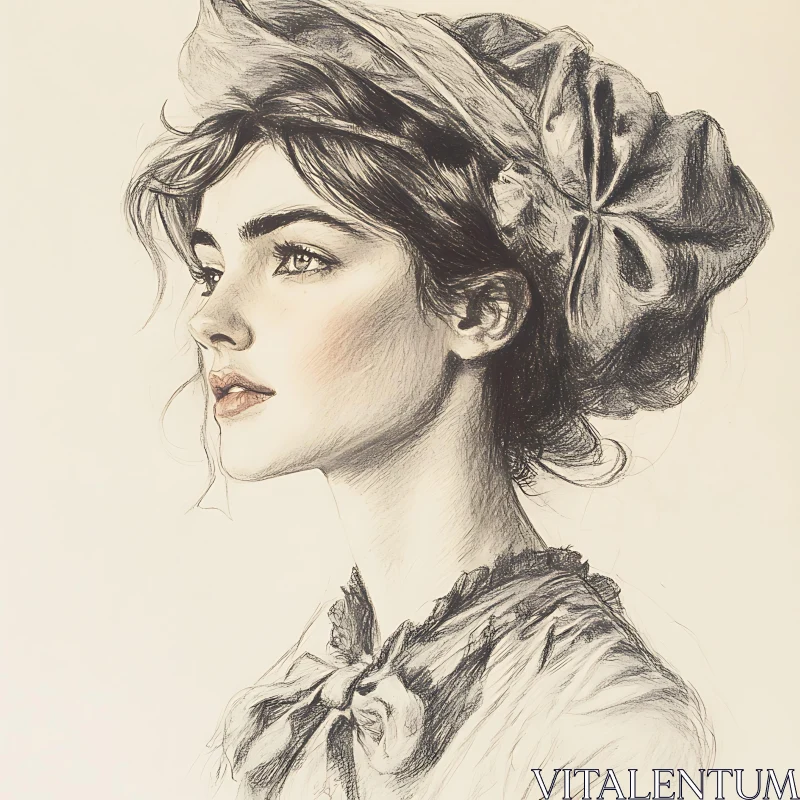 Graceful Side Profile Portrait of a Woman in Pencil AI Image