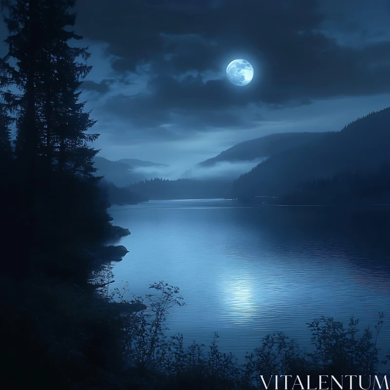 Tranquil Nightscape with Silhouettes of Trees and Mountains AI Image