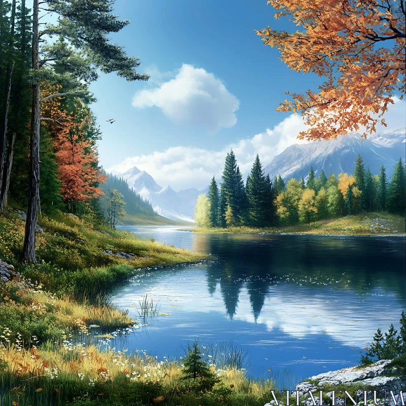 Scenic Autumn Lake and Mountain Landscape AI Image