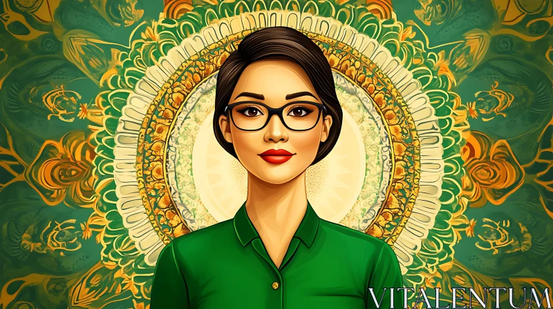 Woman in Green Shirt with Mandala Art AI Image