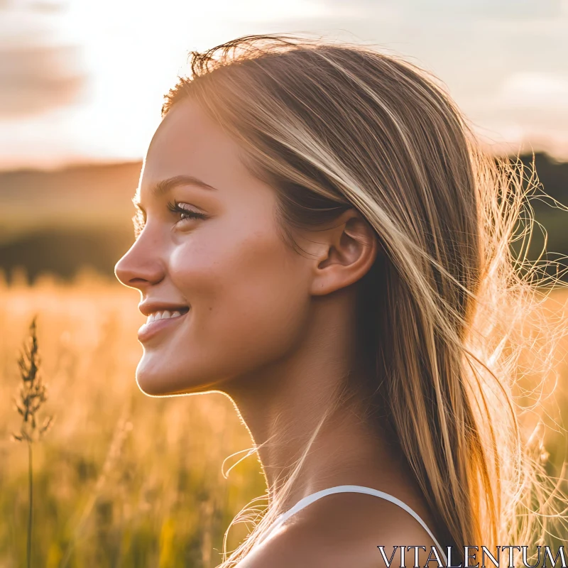 Sunlit Field Woman's Profile AI Image