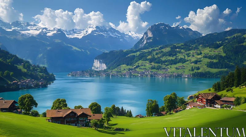 Alpine Village with Snow-Capped Mountains and Blue Lake AI Image