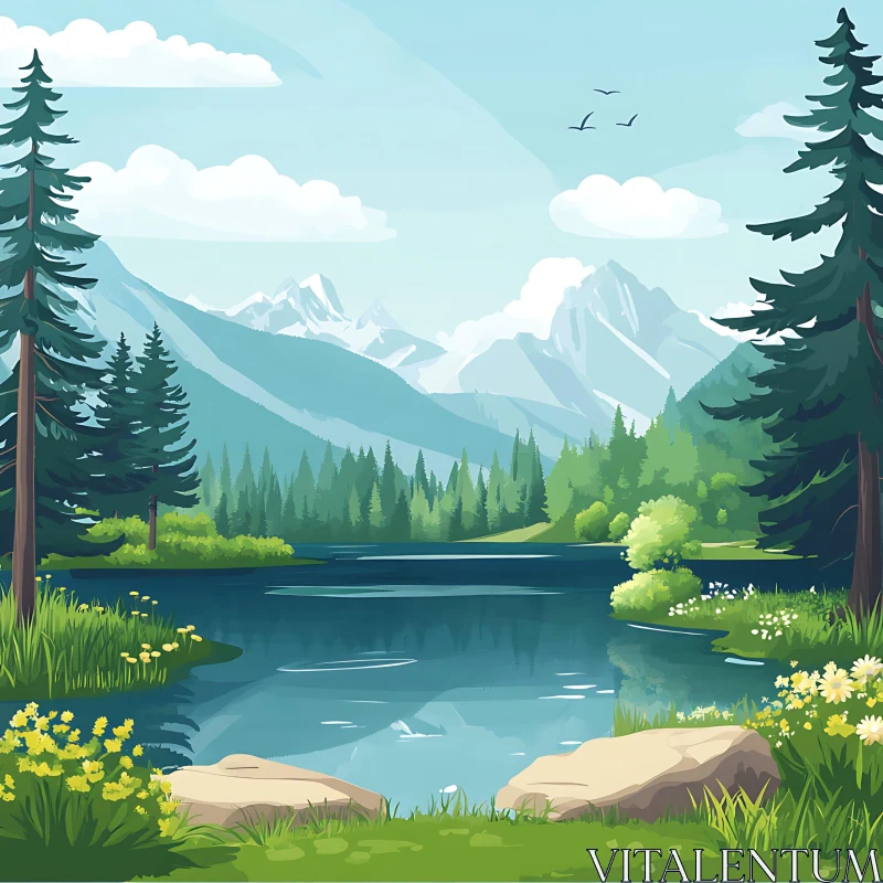 Tranquil Lake Amidst Alpine Forest Scenery AI Image