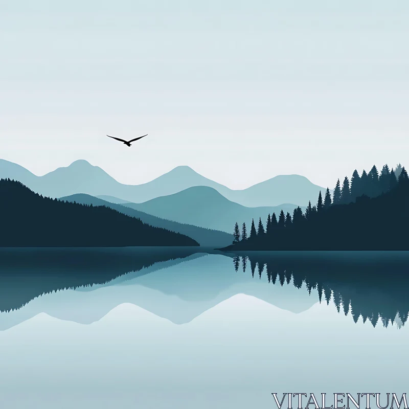 Reflective Lake with Soaring Bird AI Image