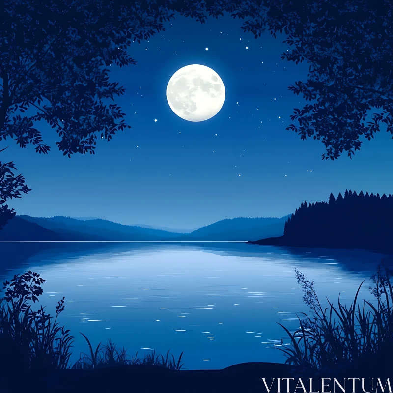 Tranquil Full Moon Night at the Lake AI Image