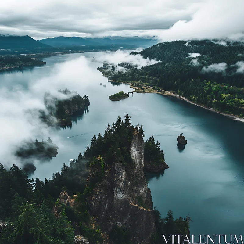 Misty Lake with Ethereal Mist and Forested Islands AI Image