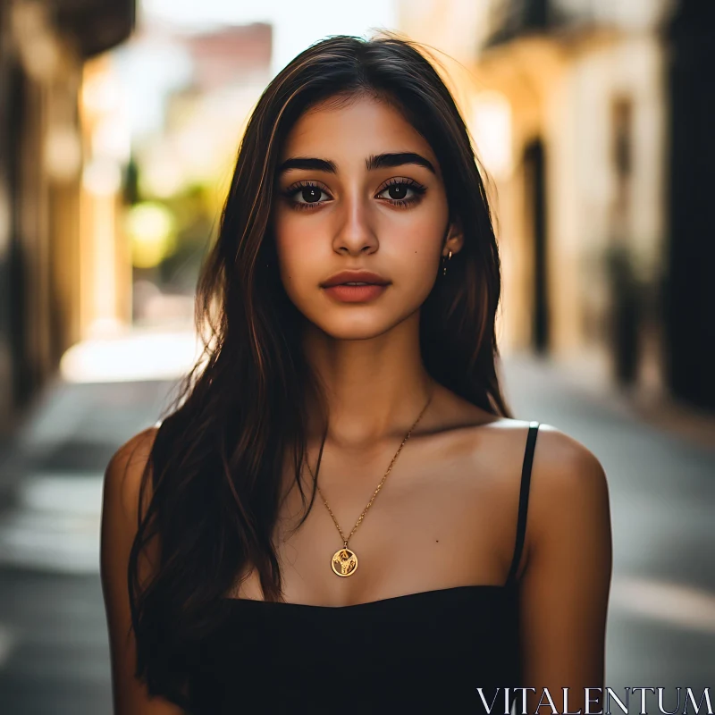 Urban Portrait of a Serene Young Woman AI Image