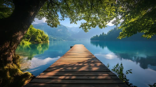 Tranquil Pier and Still Waters Amidst Lush Nature