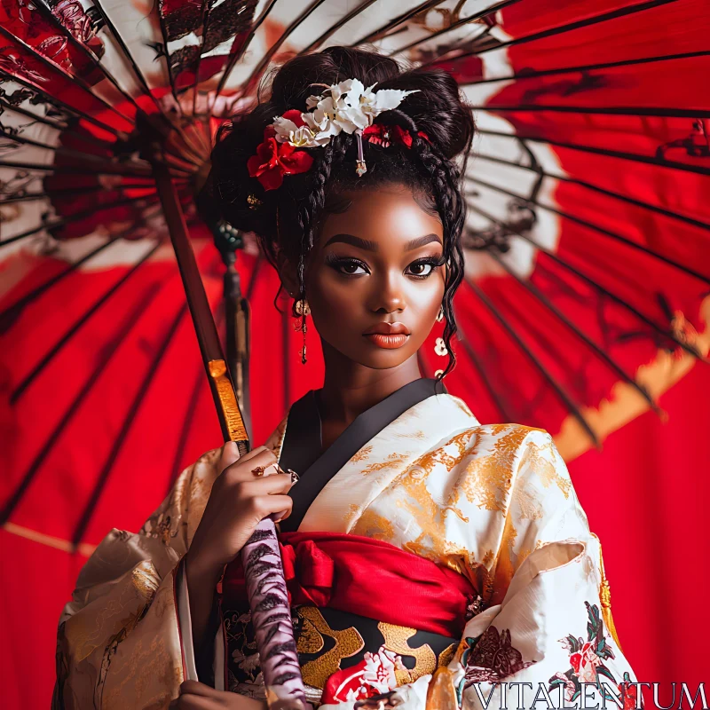 Elegant Geisha with Red Parasol AI Image