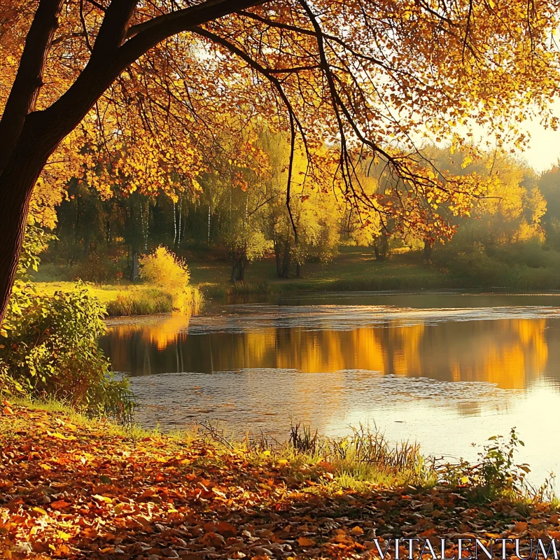 Serene Autumn Lake with Sunlit Trees AI Image