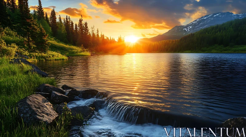 Golden Sunset Reflecting on Tranquil Lake AI Image