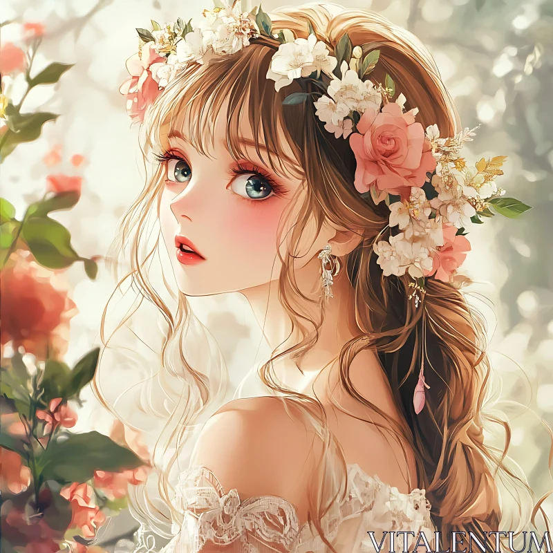 Anime Beauty in a Floral Setting AI Image