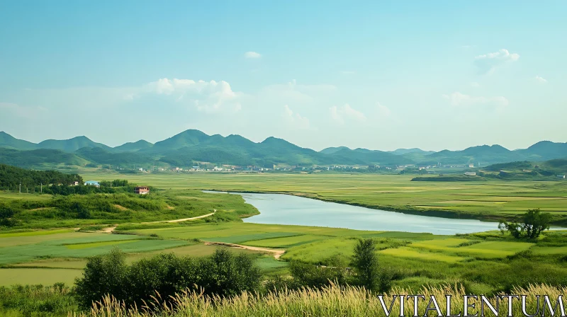 Lush Green Fields and River with Mountain Backdrop AI Image