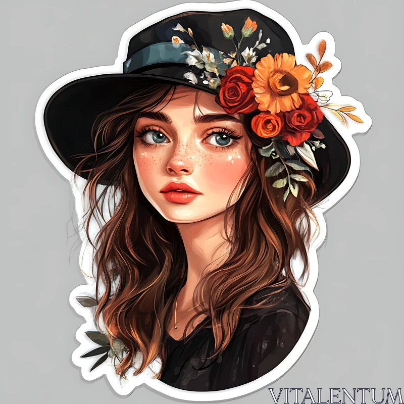 Artistic Woman Portrait with Flower-Adorned Hat AI Image