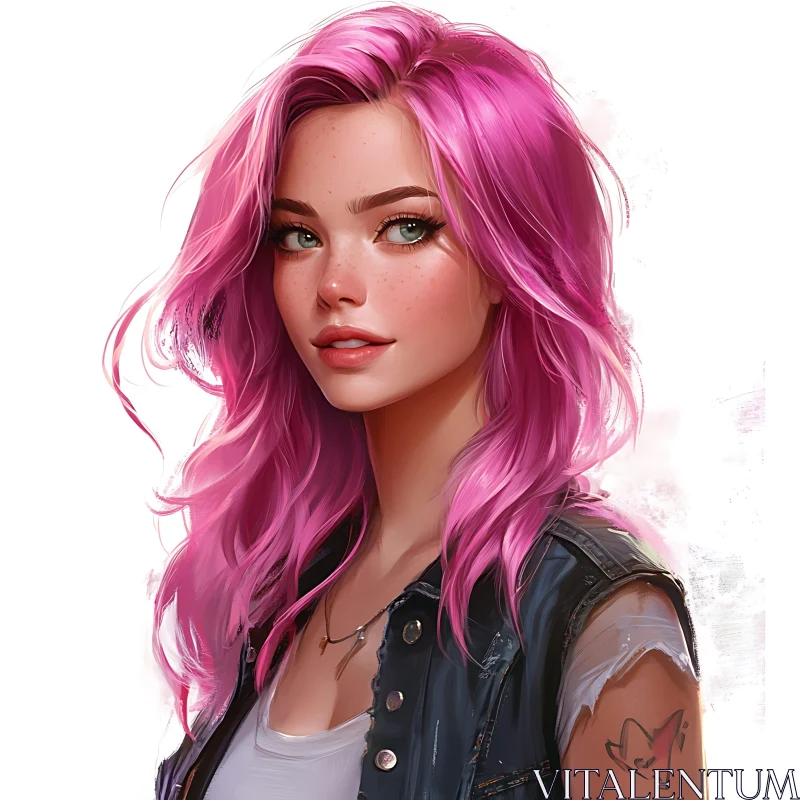 Pink-Haired Woman with Tattoo in Digital Art AI Image