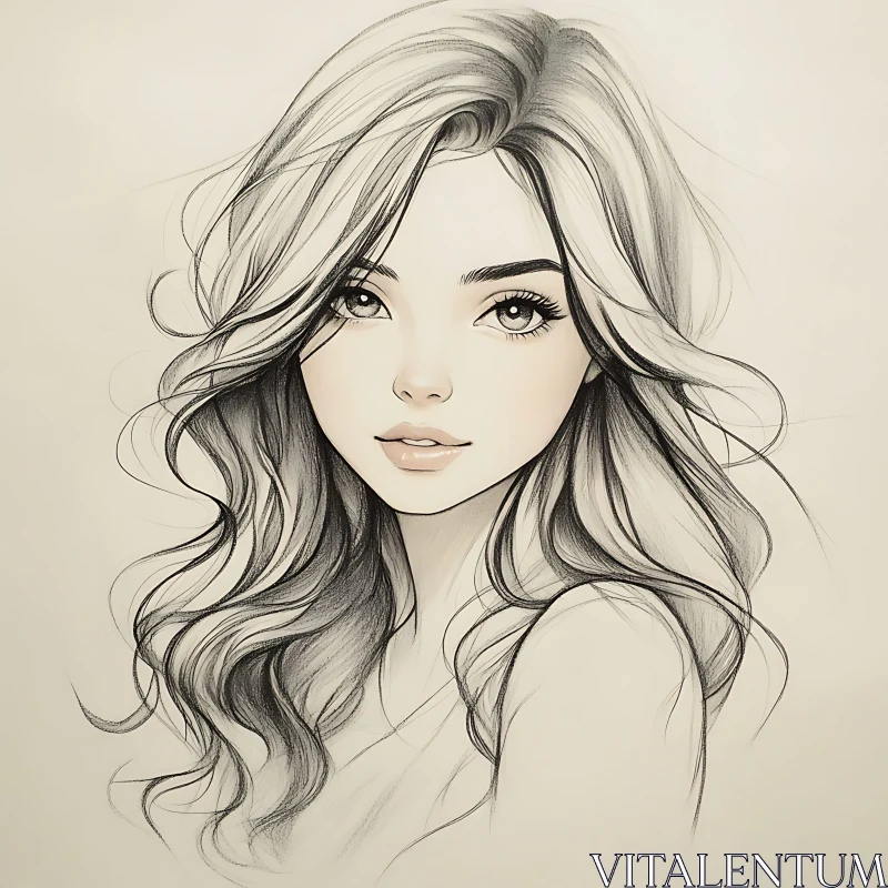 Detailed Pencil Drawing of a Young Woman AI Image