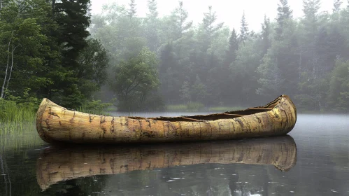 Tranquil Canoe in Misty Woodland Lake