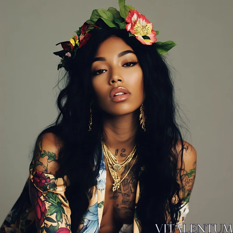 AI ART Floral Adorned Beauty with Tattoos and Gold Jewelry