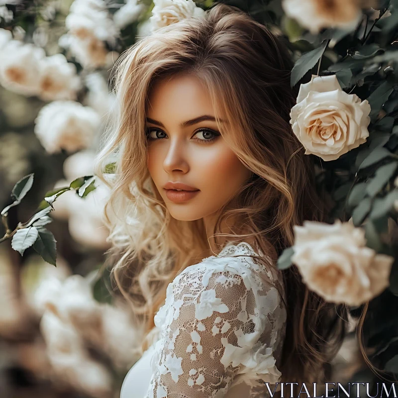 Graceful Blonde Woman Amidst White Roses AI Image