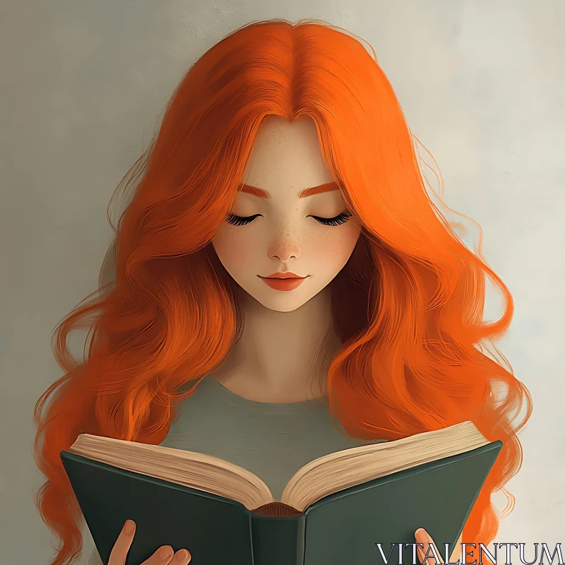 Woman Reading with Long Wavy Red Hair AI Image