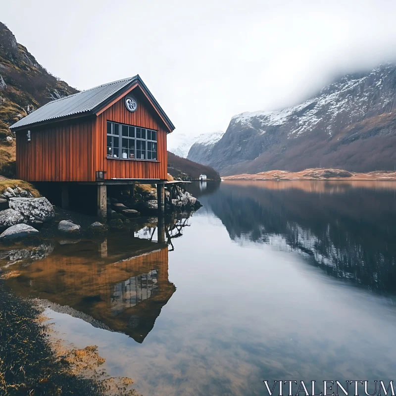 Peaceful Lakeside Wooden Cabin and Snowy Mountains AI Image