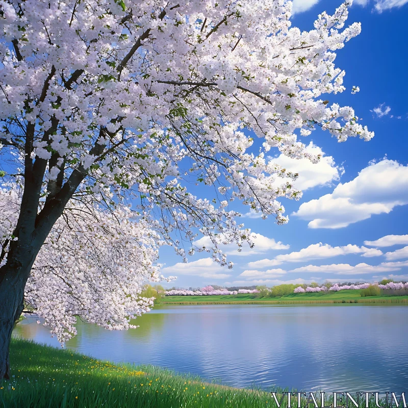 Peaceful Cherry Blossom Lake View AI Image