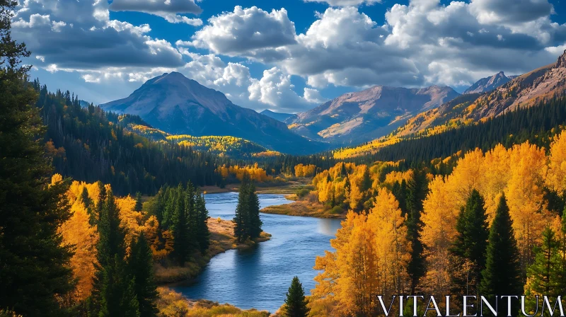 AI ART Golden Forest by the River with Majestic Mountains