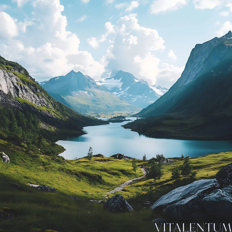 Tranquil Mountain Scene with Lake AI Image