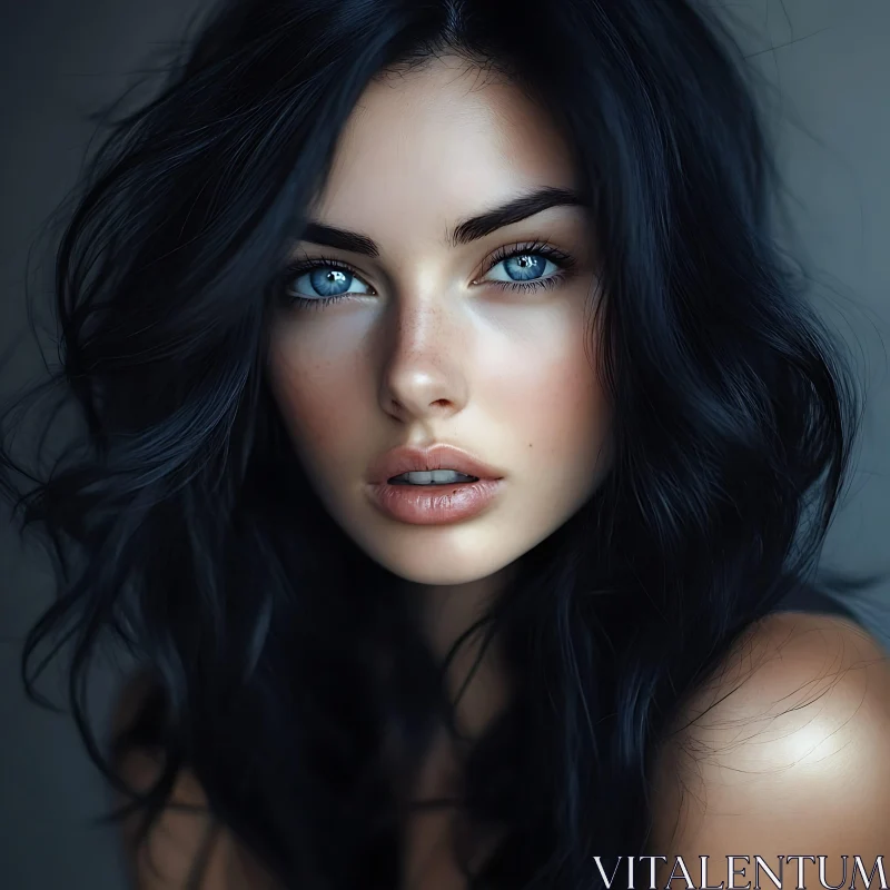 Stunning Portrait of a Woman with Dark Hair and Blue Eyes AI Image