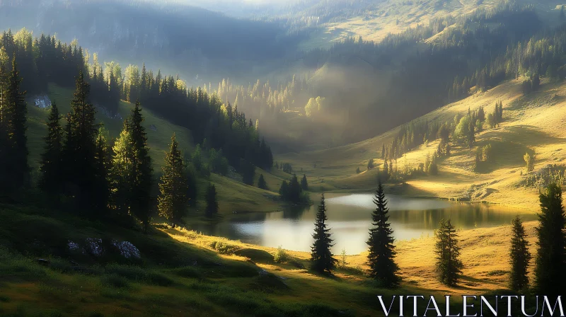 Tranquil Sunlit Mountain Lake with Pine Trees AI Image