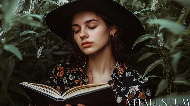 AI ART Tranquil Woman Reading Book Amidst Verdant Plants