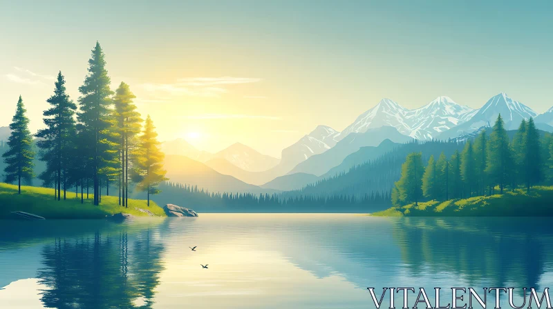 Tranquil Sunrise over a Lake with Mountain Reflections AI Image