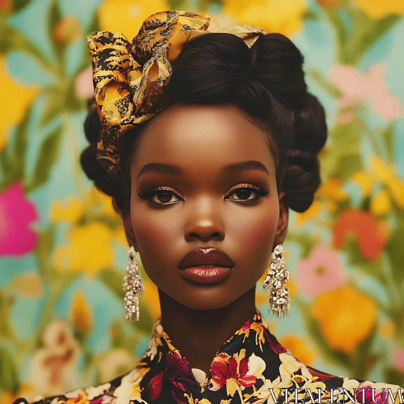 Stunning Fashion Portrait with Vibrant Floral Accents AI Image