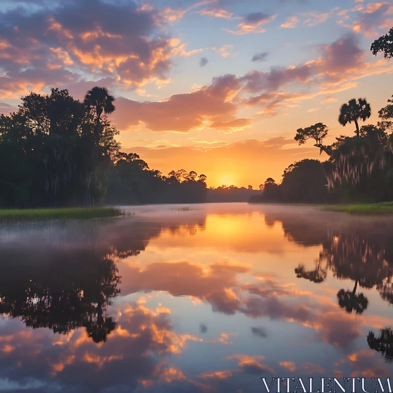 Sunset Reflections Along a Riverbank AI Image