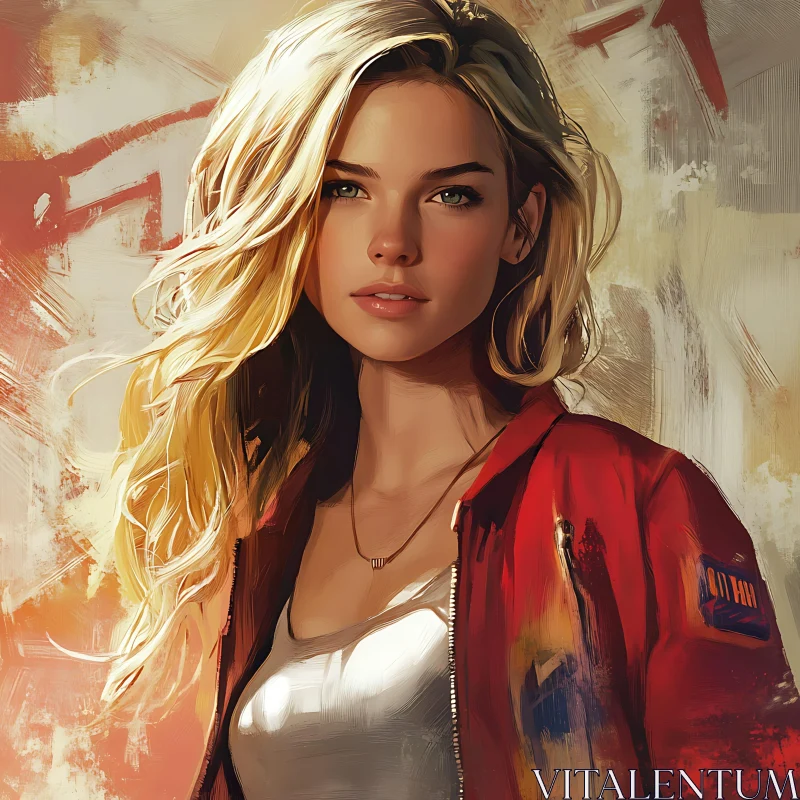 Serene Blonde Woman in Red Jacket Portrait AI Image