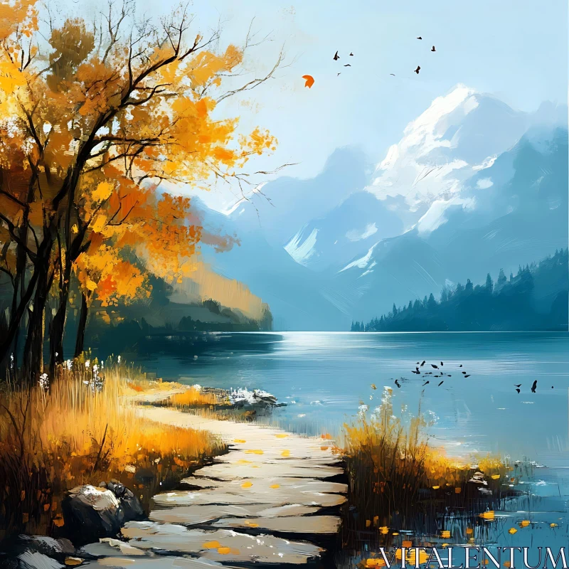 Serene Autumn Scene with Pathway and Mountains AI Image