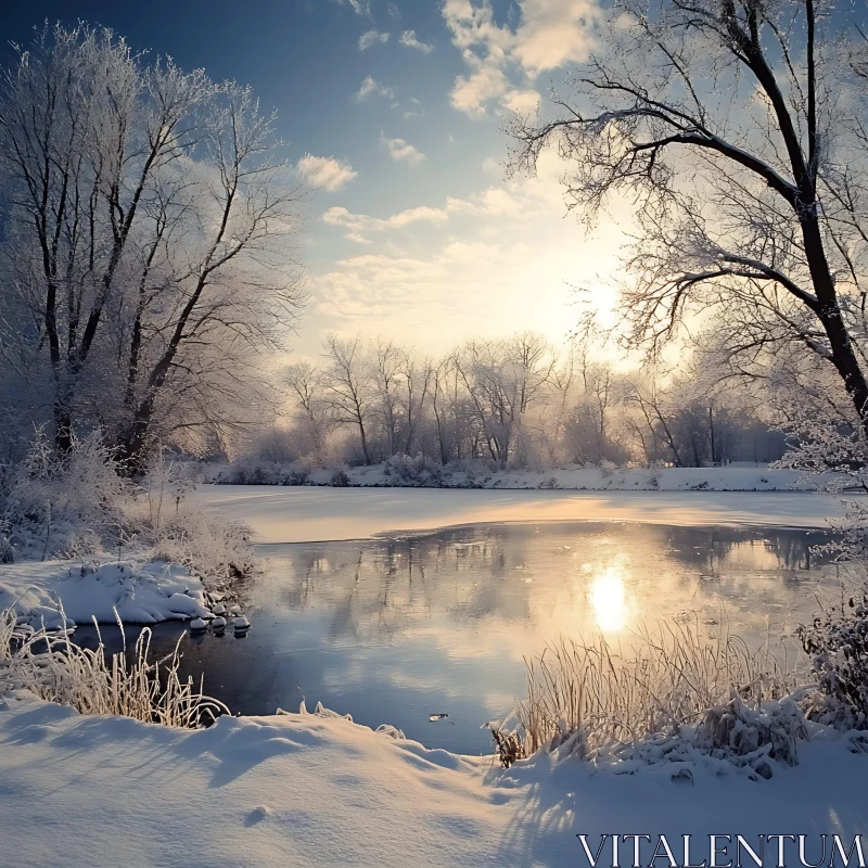 AI ART Tranquil Snowy Scene with Sunset and Reflective Lake