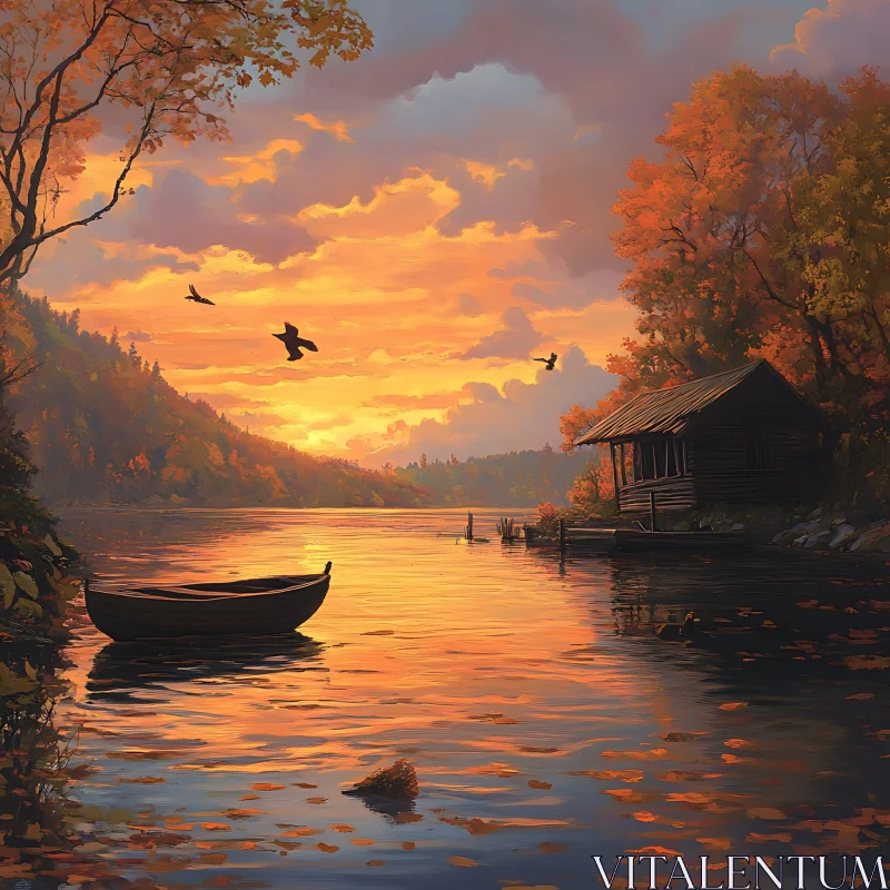 Autumn Sunset by the Lake with Cabin and Boat AI Image