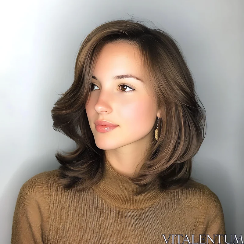 Thoughtful Woman with Brown Wavy Hair in Turtleneck AI Image