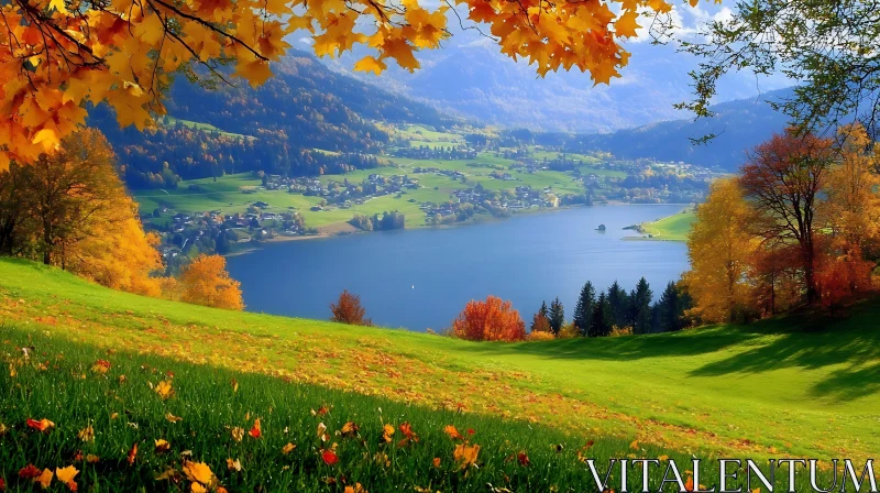 Idyllic Autumn Scene with Vibrant Foliage and Serene Lake AI Image