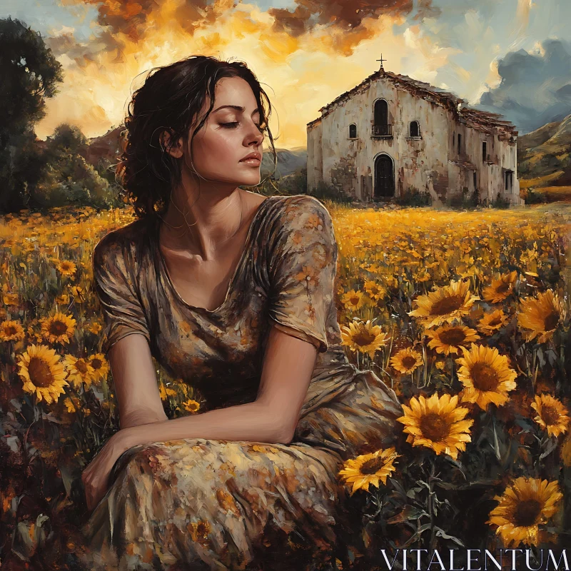 Serene Woman Sitting Among Sunflowers at Dusk AI Image